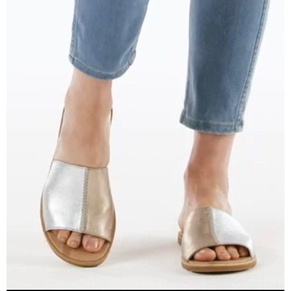 Sorel Ella II Block Slide Sandals Women's 7.5  Gold/Silver Leather NL 4032-034